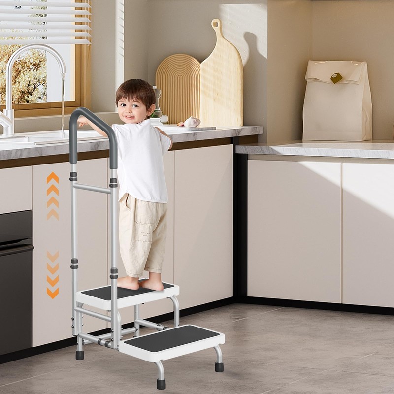 2 Step Stool with Handle & Non-Skid Platform, Adjustable Handrail