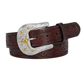 BELTROAD - Cinturón de piel occidental clásico con hebilla para mujeres, hombres, vaqueros, vaqueros, hombres, cinturón de piel occidental, regalos, Bull Buckle-coffee, for Wasit 33"-36"