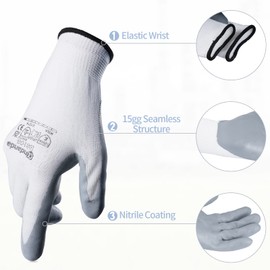 ANDANDA 6 Pairs Work Gloves, Nitrile Coated Safety Work Gloves, Work Gloves Suitable for General Duty Work like Logistics/Assembly/Utilities & Public Works, White/X-Large