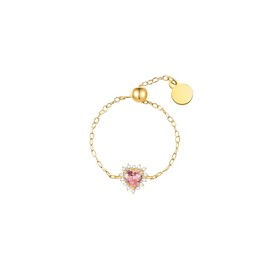 Kokoma Diamond Heart Sterling Silver Ring for Women Cubic Zirconia Teardrop Adjustable Link Chain Statement Ring Stackable Band Promise Engagement Rings Dainty Jewelry (Pink)