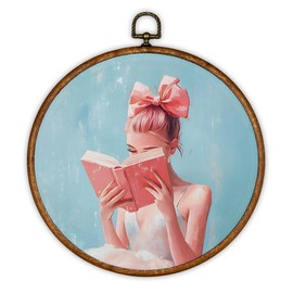 iEFEY Girl Reading Book Framed Canvas Wall Art Decor, Coquette Preppy Bow Room Decor, Trendy Reading Nook Corner Hanging Canvas Prints Decorations for Girly Room Library Dorm 10"x10"