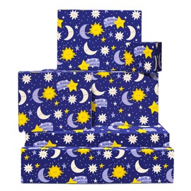 Blaues Geschenkpapier – Mond, Sterne, Weltraum – 6 Bögen für Kinder, Jungen, Mädchen – Für Weihnachten, Geburtstag, Taufe, Babyparty – Lila Design – Inkl Etiketten