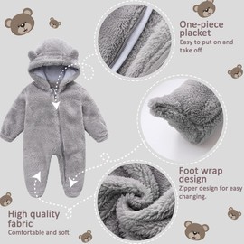 Fairy Baby Baby Snowsuit, Newborn Infant Baby Hooded Romper Fleece Snowsuit Cartoon Jumpsuit Fall Winter Outfits (3-6M, Grey)