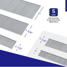 HW HAMWOO 18 Gauge 304 Stainless Steel Brad Nails,18 GA Nail Gun Nails Assorted, Suitable for Most Brand of 18 Gauge Pneumatic and Electric Brad Nailer(2",1-3/4",1-1/2",1-1/4",1")