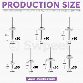 Swpeet 260Pcs 7 Sizes 3/16" 1/8" 5/32" - M3.2/4/4.8 Large Flange Aluminum Blind Rivets Assortment Kit, Silver Pop Rivets Open End Type Pop Rivet for Indoor and Outdoor Use
