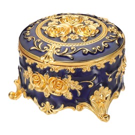 PATIKIL Vintage Metal Jewelry Box, Round Trinket Organizer Box Jewelry Storage Box for Ring Earrings Necklace, Dressing Table, Wedding Birthday Gift Home Decor, Women Girls, Blue