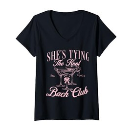 Womens She's tying the knot Bachelorette Coquette Bow Bridal shower V-Neck T-Shirt