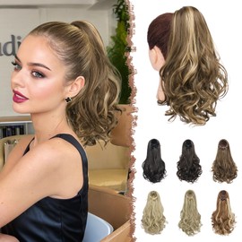 FESHFEN Drawstring Ponytail Extension, 15 inch Classic Loose Curly Wavy Synthetic Pony tails Hair Extensions Hairpieces for Women, Golden Brown Mixed Blonde