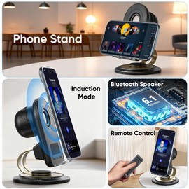 Cell Phone Stand with Instant Wireless Induction Bluetooth Speaker(Video Control/Camera Control), Portable Bluetooth Speaker for Home and Outdoors, All Day Playtime, Compatible with iOS/Android