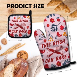 ZHANTUONE This Bxxch Can Bake Funny Heat Resistant Oven Mitts and Pot Holders Set with Silicone Non-Slip, Pink Flowers Women Cooking Baking Gadgets, Gifts for Bake Lover Mom Wife Sister BFF