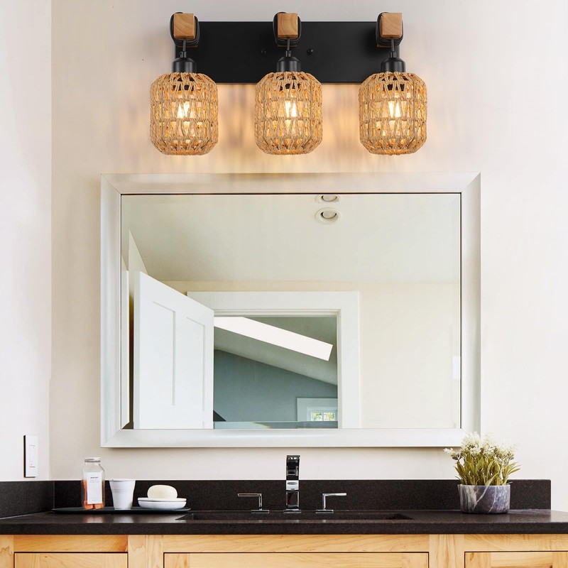 3 Light Bathroom Vanity Light Fixtures， Rustic Style Wood Bathroom