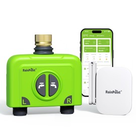 RAINPOINT WiFi Water Timer for Garden Hose, Brass Inlet 2 Zone WiFi Sprinkler Controller, Smart Hose Timer Valve with Antenna Gateway, Automatic Drip Irrigation System/Rain Delay for Garden/Lawn/Yard