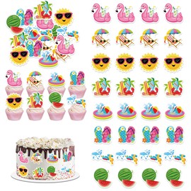 72Pcs Edible Summer Beach Pool Cupcake Toppers Wafer Paper Sun Flower Watermelon Water Gun Coconut Slippers Cupcake Picks Pool Party Birthday Tropical Luau Party Supplies