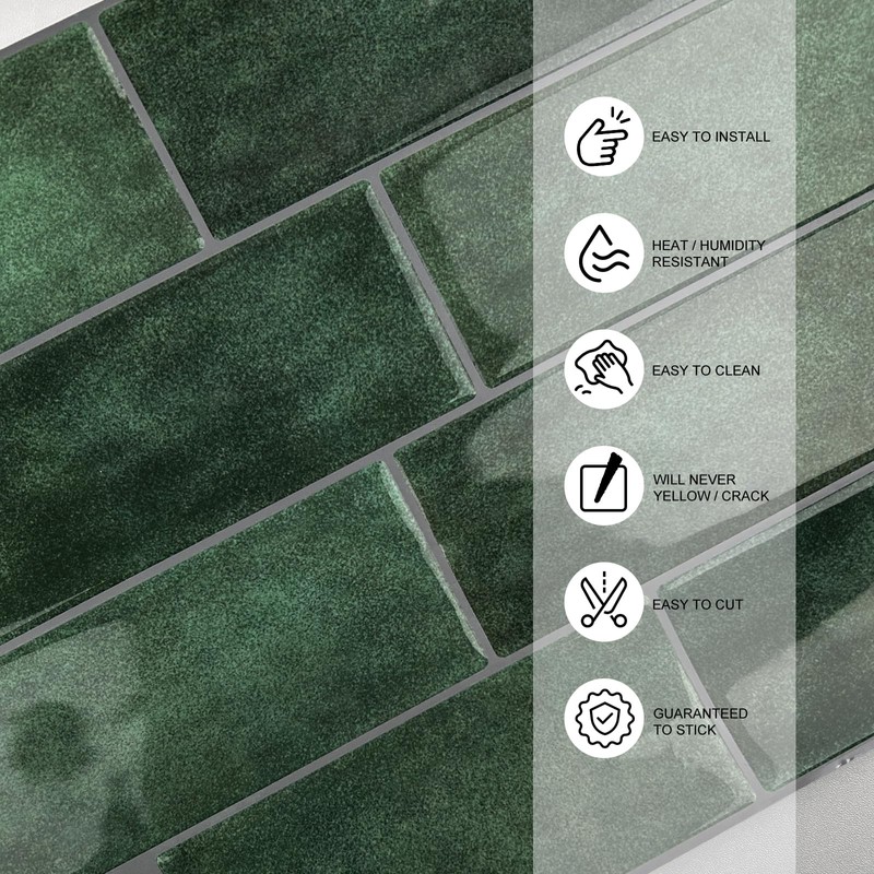 Subway Backsplash Tile Peel and Stick, Forest Green Self Adhesive