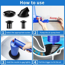 Toilet Plunger Set, Drain Clog Remover with 4 Sized Suckers, High Pressure Air Drain Blaster Gun, Tub Drain Cleaner Opener, Sink Plunger for Bathroom, Kitchen, Toilet, Floor Drain, Clogged Pipe Blue