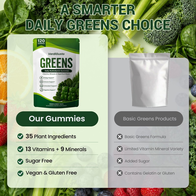 Greens Gummies, Green Supplements with Multivitamins & Minerals | Sugar