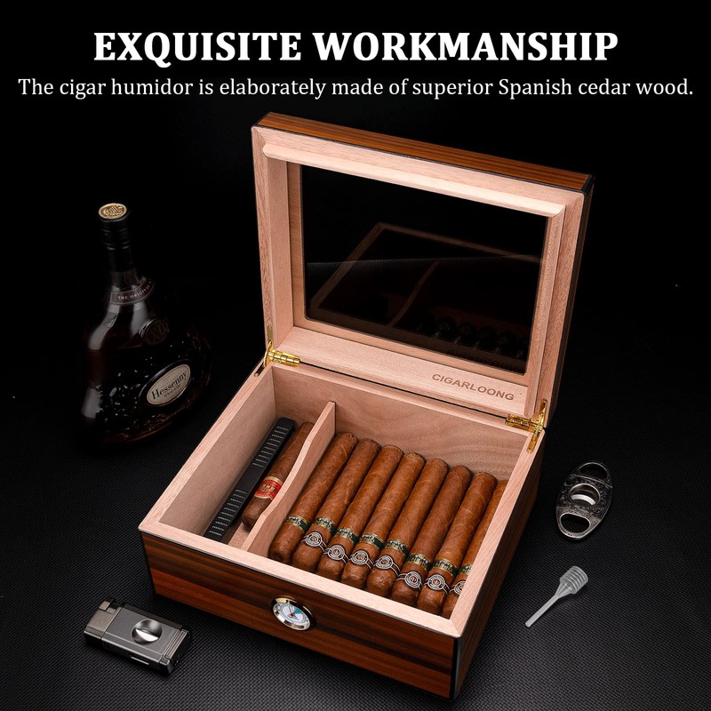 CIGARWONG Cigar Humidors Spanish Cedar Holds 25-35 Cigars Desktop Box