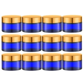 IRON BILL 1 Oz Cobalt Blue Round Glass Jars with Inner Liners and Gold Lids(12PCS) Empty Cream Containers Refillable Cosmetic Vials for Cosmetics, Lotions, Ointment, Body Scrubs & Balms