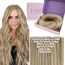 Fshine Extensiones Pelo Natural Clip 12 Pulgadas 30CM 50g Highlighted Rubio Dorado Y Rubio Humano Cabello Extensiones 3 Piezas Clip Ins Recto Pelo Extensiones Remy Hair Color 16P22