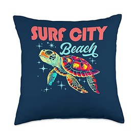North Carolina Beaches Sea Turtle Gear Surf City Beach NC Artistic Sea Turtle Retro Throw Pillow, 18x18, Multicolor