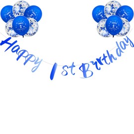 Boys Happy 1st Birthday Banners Blue Happy First Birthday Banner Bunting Including 12 Pack 12” Latex Printed Balloons Boys Happy 1st Birthday Decorations Supplies