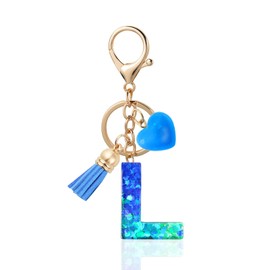 Zesirmay Initial letter Keychains, Sparkly Glitter Letter Keychain with Tassel,Resin Heart,Key Chain for Women,Girls (L, Glitter-blue)