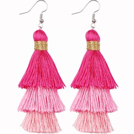 AD Beads Fashion Charm Crystal Silk Tassel 3 Layers Fan Fringe Dangle Earrings (36 Pink Ombre)