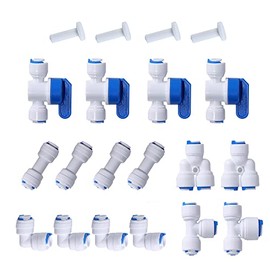 1/4" OD Quick Connect Push in to Connect for Water Reverse Osmosis System Water Tube Fitting (Ball Valve + T + I + L + Y + end cap, 20-Pack)