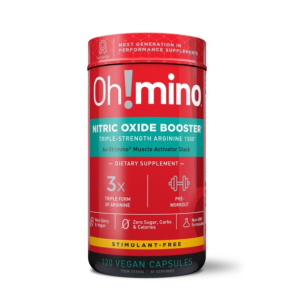 Oh!mino Nitric Oxide Booster, Triple Strength L-Arginine Nitric Oxide Booster for Energy and Endurance, Pre-Workout Pills with Natural Beet Root Powder, 30 Servings, 120 Capsules - Oh!Nutrition