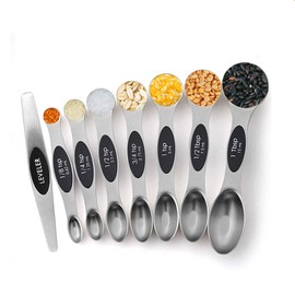 Stainless Steel Baking Tools, Magnetic Double-Headed Measuring Spoons, Seasoning Measuring Spoons With Scraper (8 PCS,Black）