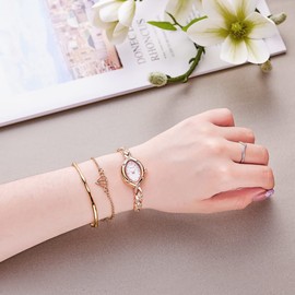 TIME100 Uhr Damen Elegant Oval Gehäuse Minimalistisch Ellipse Zifferblatt Diamant Armband Mini Wasserdicht (Rosegold)