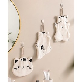 Huilimei 3Pcs Cute Cat Hand Towel Cartoon Animal Bathroom Kitchen Coral Velvet Hanging Hand Dry Gift for Cat Lovers, Soft and Absorbent Suitable for Kids Adults