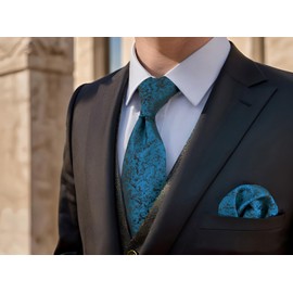 Neckties for Men Suits Dark Teal Black Blue Patterned Tie Set with Pocket Square Extra Long 160cm