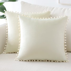 Sungeek Pack of 2 Decorative Cushion Covers Soft Velvet Pompoms Pillow Covers with Invisible Zipper Square Home Decor Throw Pillow Cases for Sofa Bedroom Living Room 45x45cm Cream White