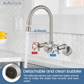 Airuida Wall Mount Kitchen Faucet with Sprayer Wall Mounted Kitchen Sink Faucet Double Cross Handles 360 Degree Swivel Spout Restaurant Mixer Tap Commercial 6 Inch Center Brushed Nickel