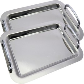 Maro Megastore (Pack of 2) 14.2 inch x 10.2 inch Oblong Chrome Plated Mirror Silver Serving Tray with Handles Stylish Floral Engraved Decorative Party Birthday Wedding Buffet Platter Plate CC-1029