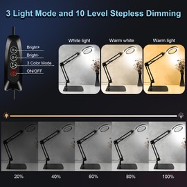 Zhiwei 10x Magnifying Glass with Light and Stand, 3 Color Modes, 10 Level Adjustable Dimming LED Lighting Desk Lamp, Adjustable Swing Arm, Suitable for Repair, Reading, and Close Range Work. (Square)