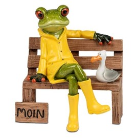 formano Frog on Bench with Moin Greetings and Seagull Made of Artificial Stone, Hand-Painted, 13 cm, North German Frog with Yellow Wellington Boots and Rain Parker