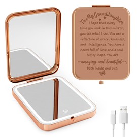 to My Granddaughter - You're Amazing and Beautiful - Pocket Mirror with Light, Granddaughter Engraved Compact Magnifying Mirrors with Light, Family First Mirror Encouragement Gifts from Grandparents