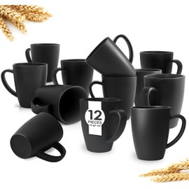 Teivio 12 Pack Wheat Straw Cups with Handle,Plastic 13.5 oz Squircle Mugs, Reusable Unbreakable Drinking Water Tumblers for Adults, Kids, Coffee, Camping,RV, Dishwasher Safe, Black