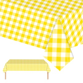 2P Yellow Checkered Table Cloth Party,137*274cm Easter Gingham Tablecloth,Adult Kid Yellow Plastic Table Cover,Large Rectangular Thanksgiving Table Cloths for Parties BBQ Picnic Birthday Wedding