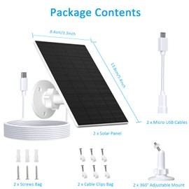 Zivif Solar Panel for Security Camera, 2 Pack 2W Solar Charger with Micro USB & USB-C Port, IP65 Waterproof USB C Solar Panel for Outdoor Rechargeable Battery Cameras, with 360° Adjustable Mount