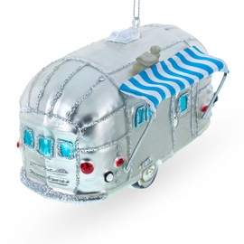 Camper Trailer with Awning Blown Glass Christmas Ornament