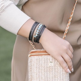 FANCY SHINY Turquoise Leather Wrap Bracelets Boho Beaded Cuff Bracelets Stackable Crystal Bangle with Magnetic Clasp Trendy Jewelry for Womend(Black)