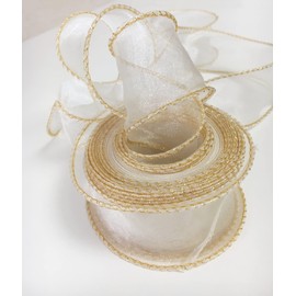 1-1/2 Inch 10 Yards Sheer Wired Organza Ribbon,Ivory Chiffon Ribbon with Golden Edge for Wrapping Bow Making Tree Wreaths Decoration