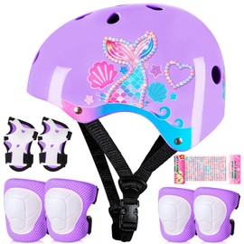 Kids Helmet and Pads Set Age 3-8 Years Toddler Helmet with DIY Stickers Adjustable Helmet Knee and Elbow Pads Set for Skateboard Scooter Cycling Roller Skating,Purple