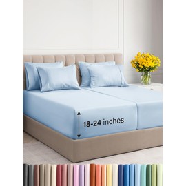 Extra Deep Split King Sheet Set - 7 Piece Breathable and Cooling Sheets - Hotel Luxury Bed Sheets Set - Easy Fit - Soft, Wrinkle Free and Comfy Sheets Set - Sky Blue Sheet Set with Extra Deep Pockets