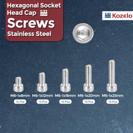 Kozelo 50pcs M6 Socket Head Cap Screws Bolts Nuts Assortment Kit - [M6x8/12/16/20/25mm] 304 Stainless Steel Allen Socket Drive for 3D Printer