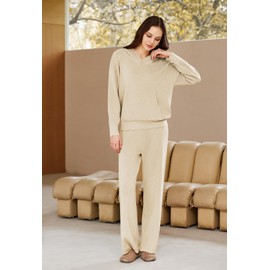 Viottiset Women's 2 Piece Outfits Sweater Set Long Sleeve Hoodies Sweaters Wide Leg Pants Lounge Sets Apricot Medium