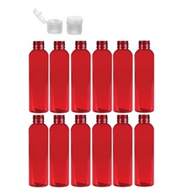 Premium Essential Oil 2 Ounce Cosmo Round Bottles, PET Plastic Empty Fillable BPA-Free, with Natural Ribbed Flip-Up Snap Caps (Pack of 12) (Red)